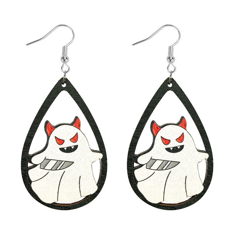 Wholesale Halloween Water Drop Ghost Skull Print Pendant Wooden Earrings